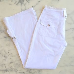Cotton/Stretch Cargo pants with lace on waist, leg pockets and one side roll up.